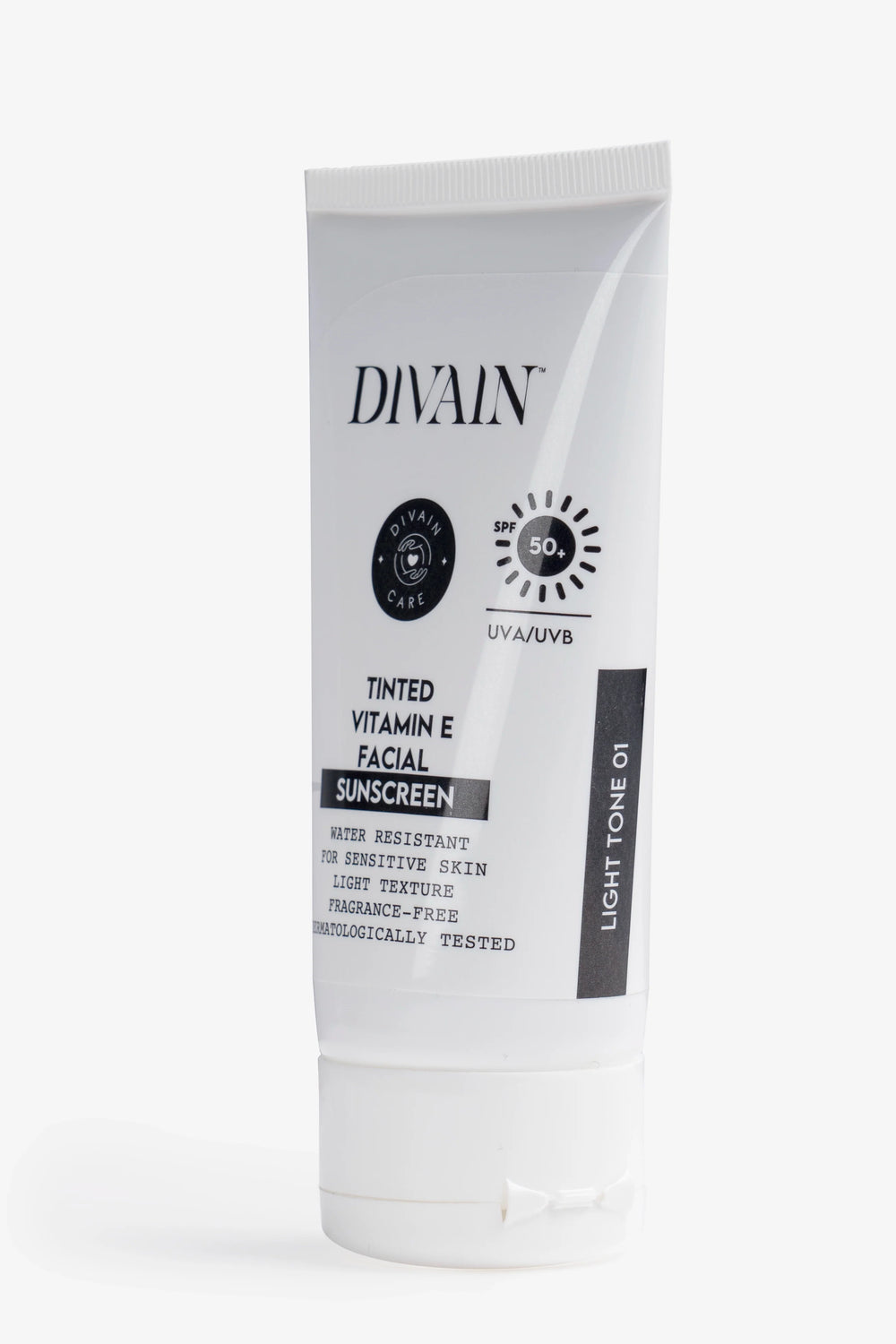 Divain Care 50ml bottle of facial sunscreen with clear tint