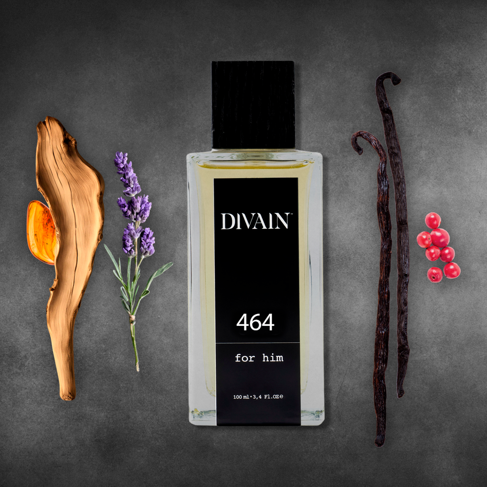 Perfume bottle divain-464 with a grey background with its olfactory notes around it.