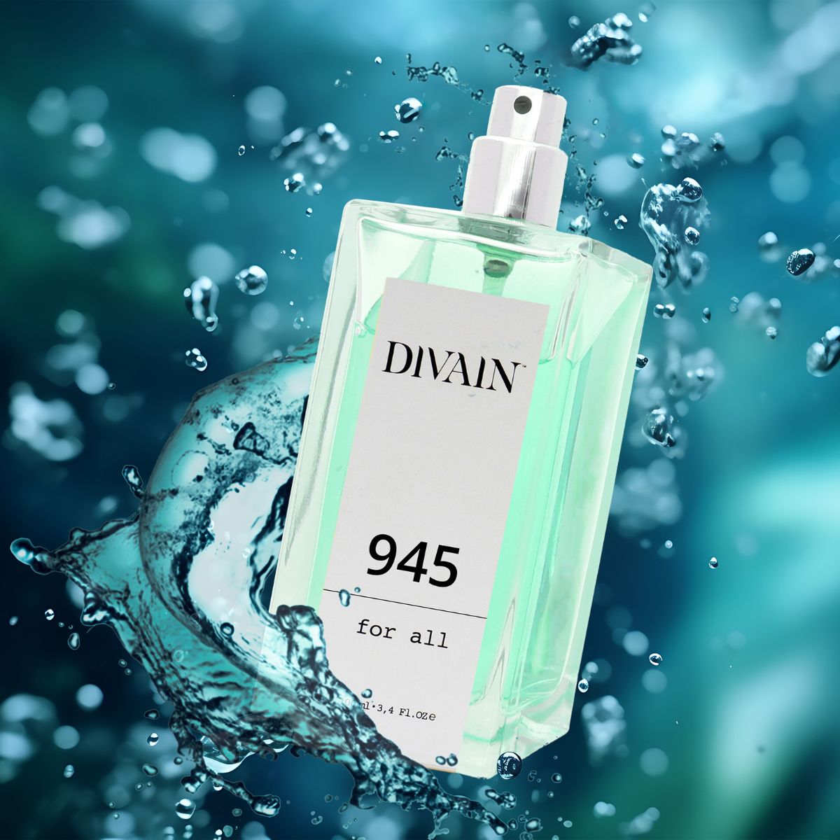 Perfume divain-945 surrounded by a blue aquatic background