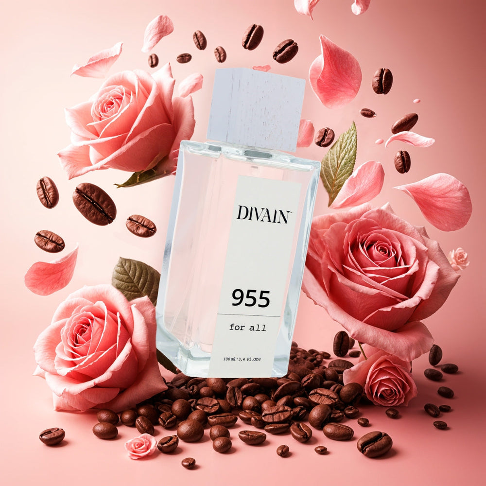 Perfume divain-955 surrounded by its olfactory notes such as coffee and roses.