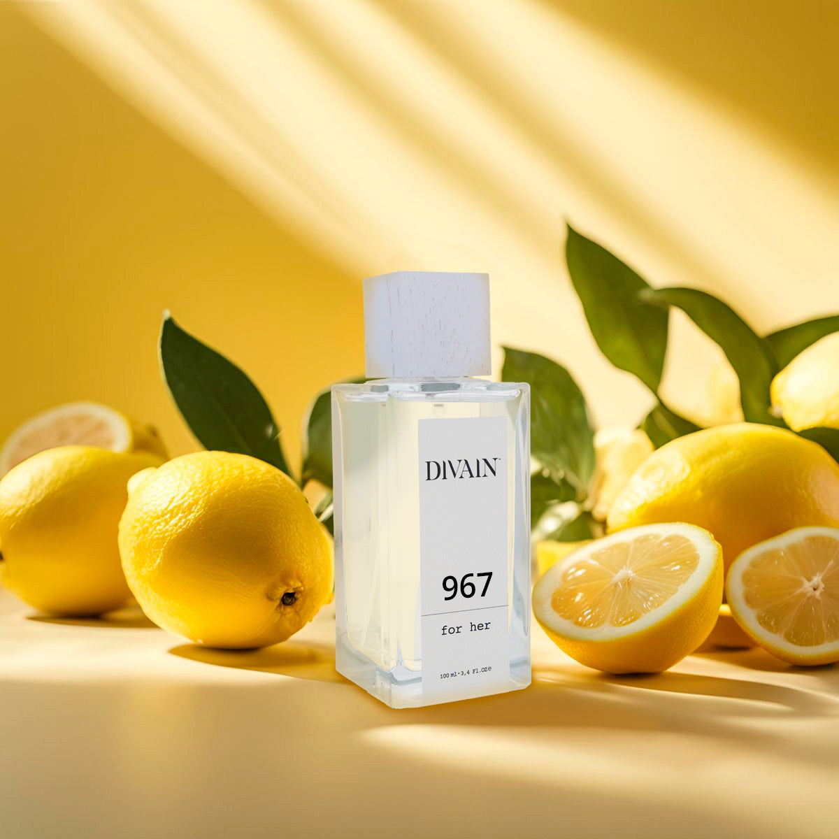 Perfume divain-967 surrounded by its olfactory notes like lemon