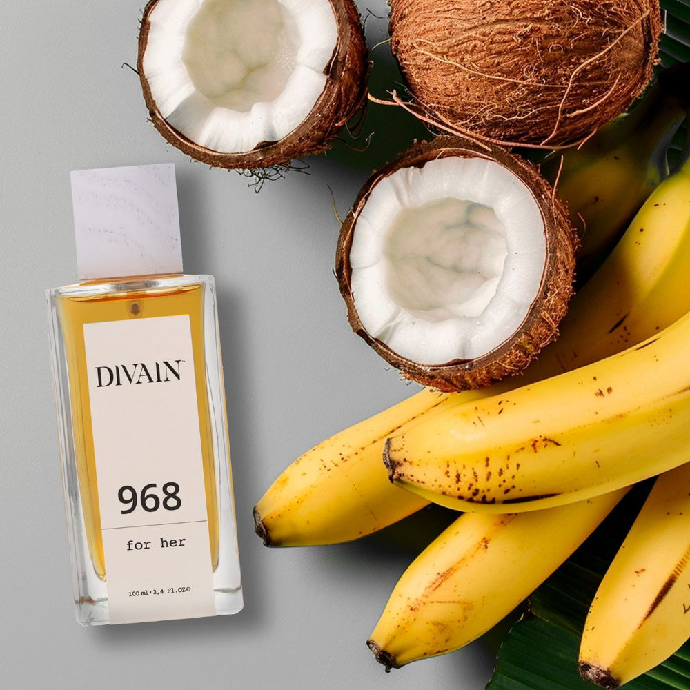 Perfume divain-968 surrounded by its olfactory notes such as coconut and banana.