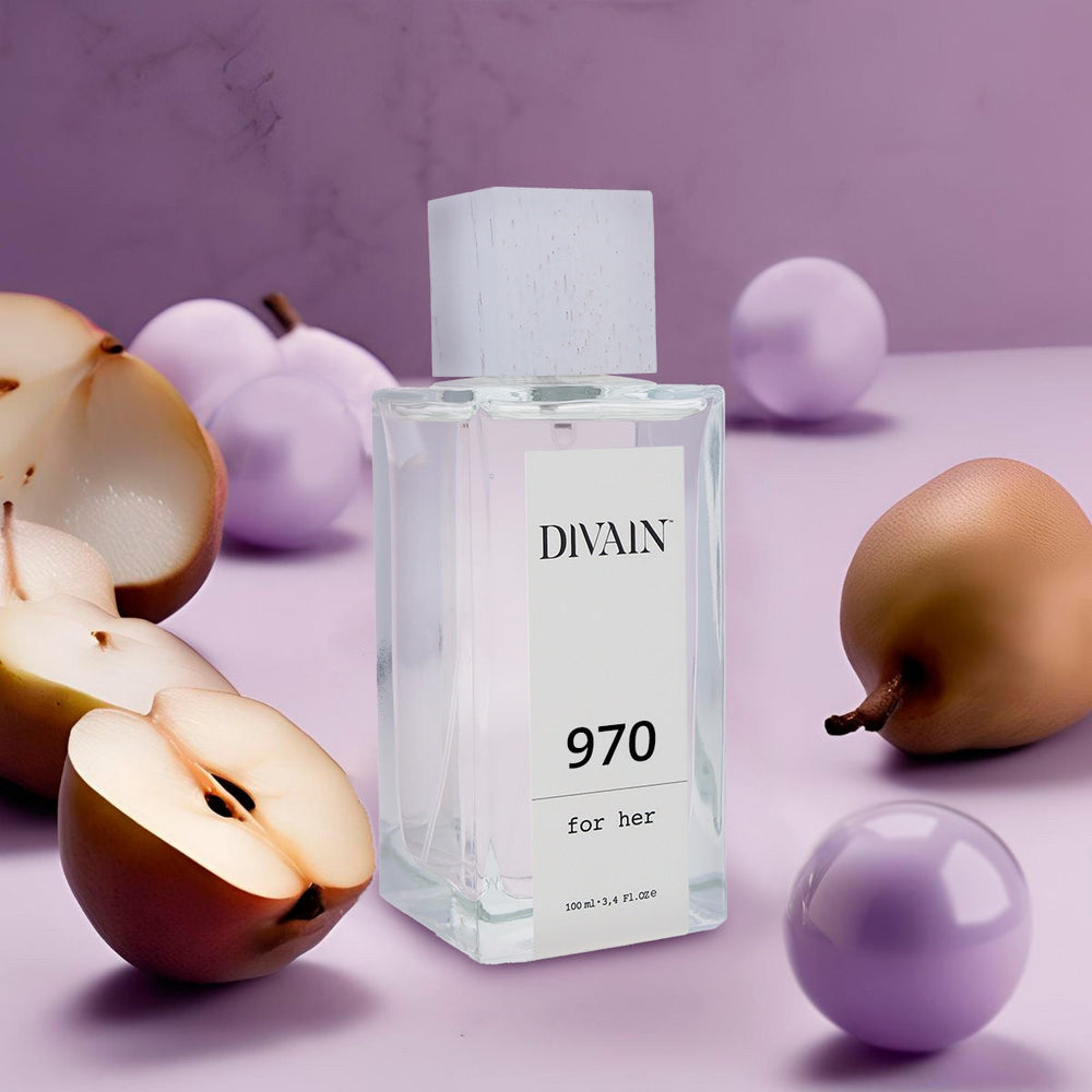 Perfume divain-970 surrounded by its olfactory notes such as apple