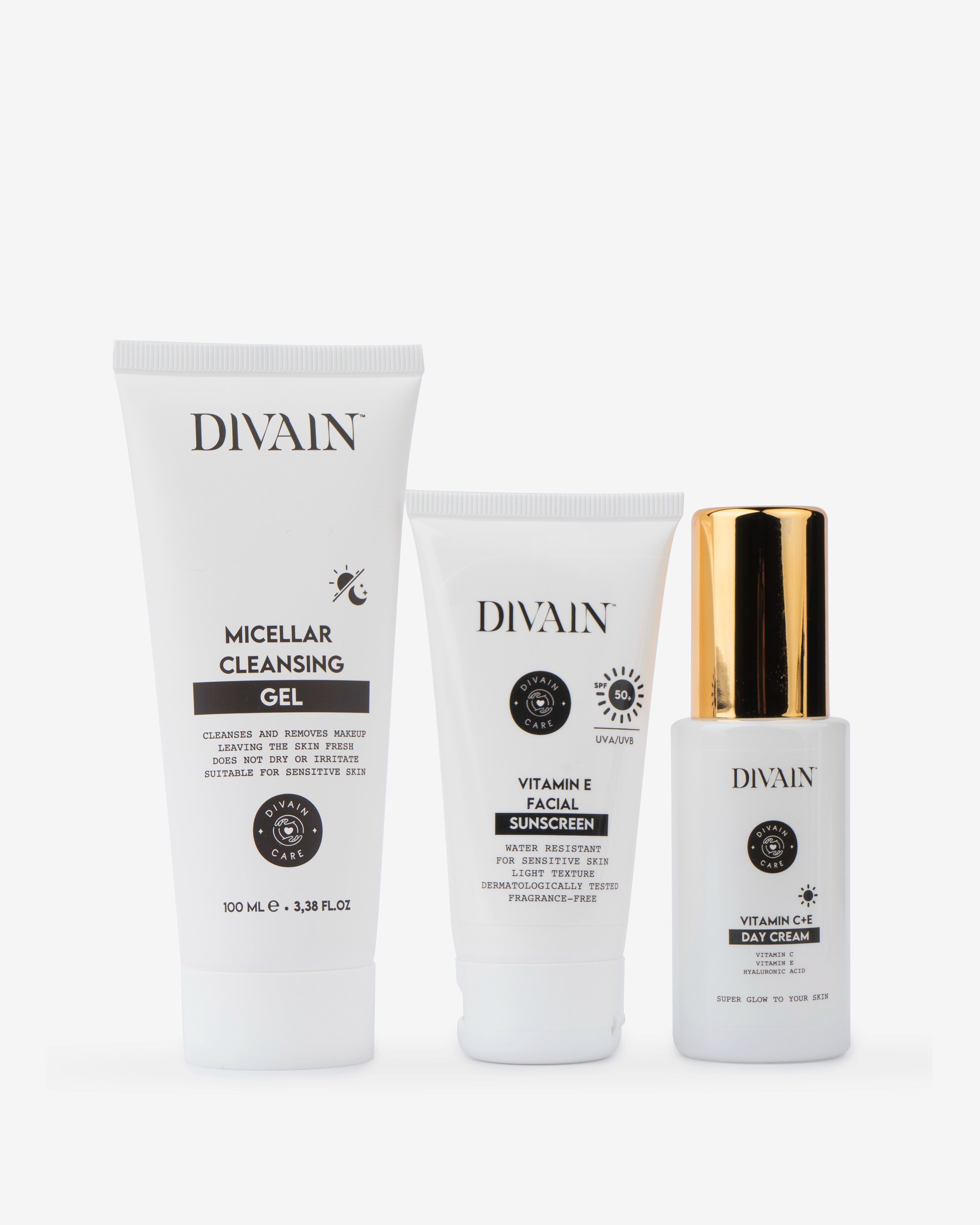 Facial day routine pack containing a micellar cleansing gel, a moisturising cream and a facial sunscreen.