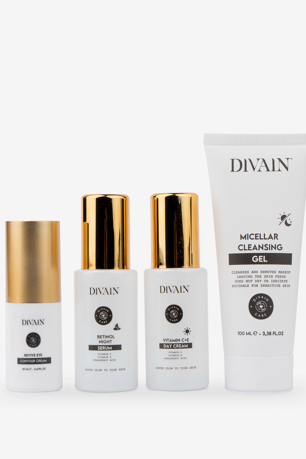 Complete day and night facial routine pack containing a micellar cleansing gel, a moisturising cream, a night serum and an anti-wrinkle eye contour cream.